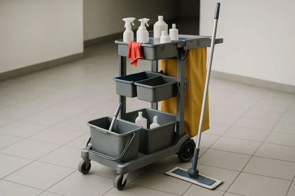 Chariot de nettoyage professionnel avec produits désinfectants visibles, sol carrelé