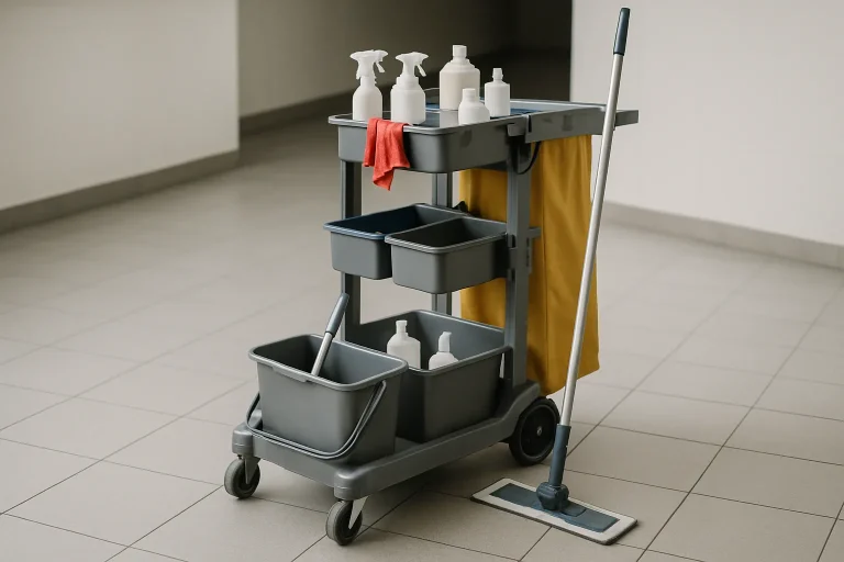 Chariot de nettoyage professionnel avec produits désinfectants visibles, sol carrelé