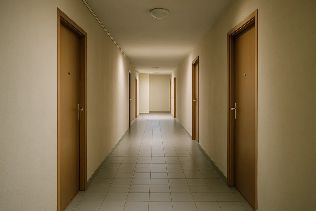 Couloir d'immeuble calme à Châlons-en-Champagne, éclairé doucement, sans personne.