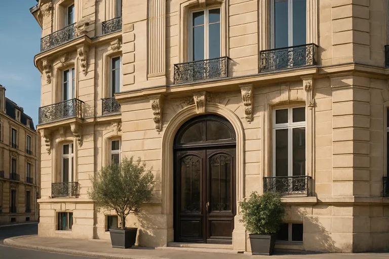 Entrée principale d'un immeuble haussmannien à Reims, éclairée par le soleil, avec des plantes décoratives.