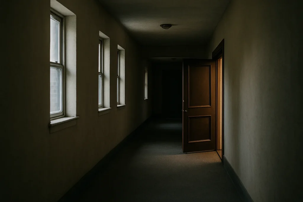 Couloir d'immeuble vide avec une porte entrouverte et lumière douce