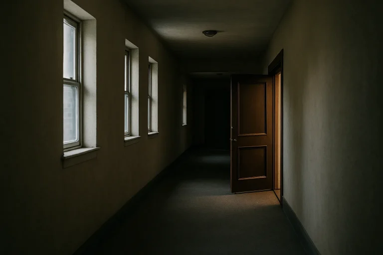Couloir d'immeuble vide avec une porte entrouverte et lumière douce